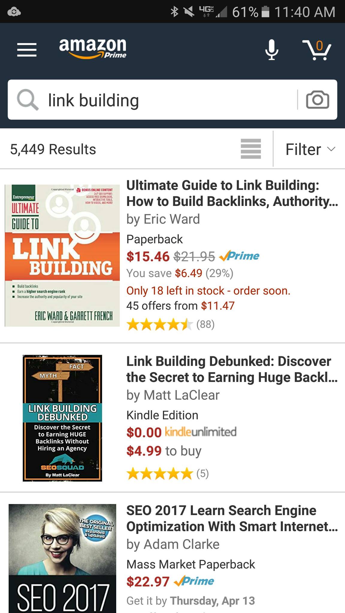 Screenshot showing the first edition of Matt LaClear's book ranking #2 in Amazon results for link building.