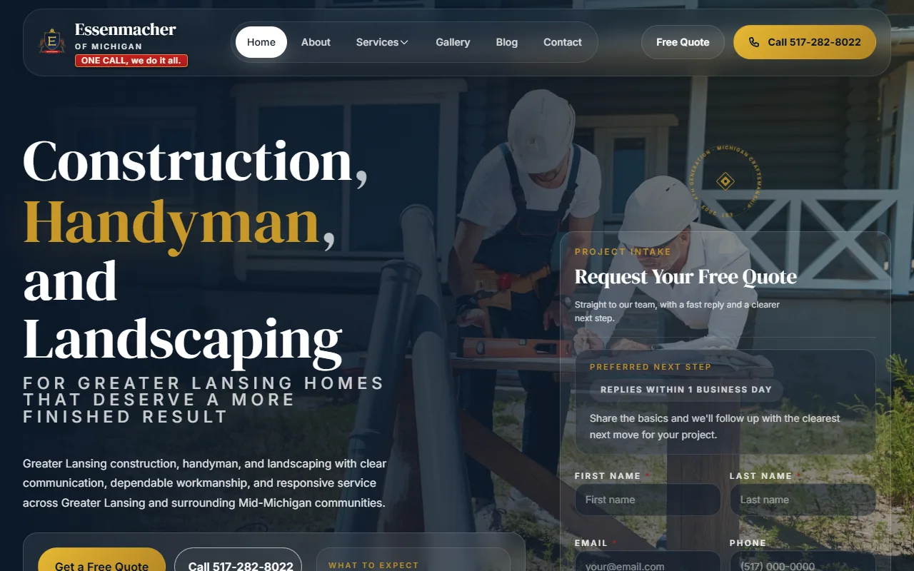 Essenmacher of Michigan website homepage — desktop view showing hero section with construction services for Greater Lansing