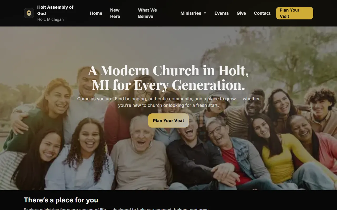 Desktop screenshot of the Holt Assembly of God website showing homepage messaging, ministries, pastor section, and location details