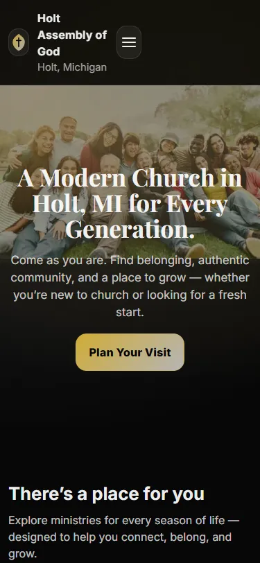 Mobile screenshot of the Holt Assembly website showing service info and visitor-focused homepage layout