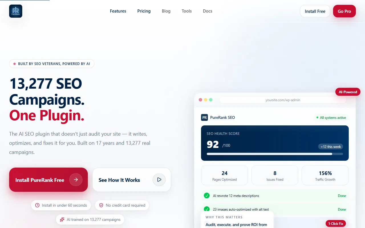 PureRank SEO desktop homepage showing premium AI workflows, pricing clarity, and competitive differentiation