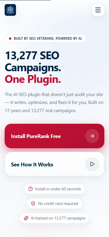 PureRank SEO mobile homepage showing authority, pricing, and workflow highlights
