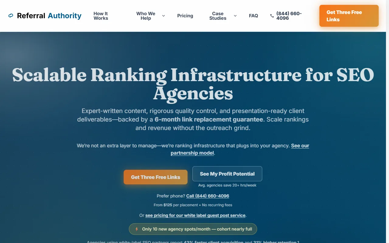 Referral Authority website launch snapshot showing a B2B offer for white-label guest posting and link building